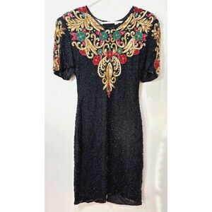 VTG Scala Black Red Gold Sequin Dress sz S Silk Floral Gatsby 80s Cocktail Nwt